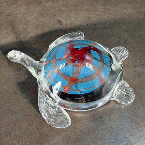 Art Glass Turtle Glass Paperweight Figurine Clear Edges Blue Red Center Glass